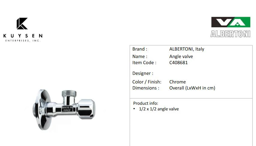 Albertoni Angle Valve 1/2M inlet x 1/2M for 1/2 flexible hose C408681 - Image 3