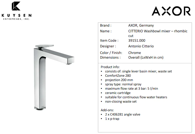 Axor Citterio basin mixer 280 high rhombic Chrome 39151.000 - Image 2