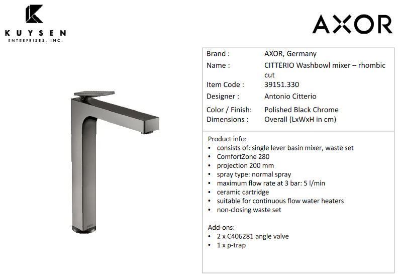 Axor Citterio basin mixer 280 high rhombic Polished black chrome 39151.330 - Image 2
