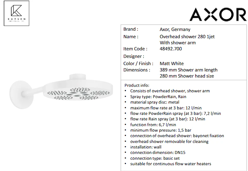 Axor One o/h shower 280 2jet with arm Matt White 48492.700 - Image 2