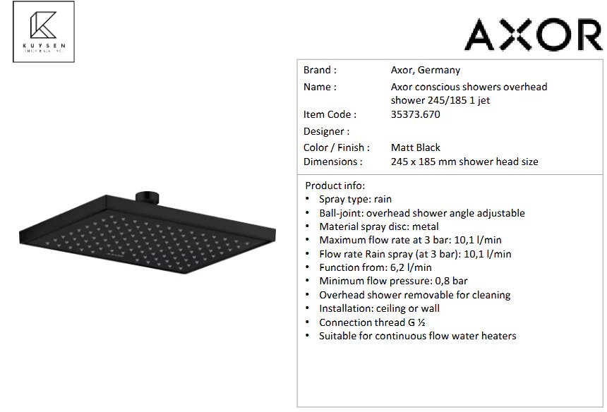 AXOR overhead shower 245/185 1jet Matt Black 35373.670 - Image 2