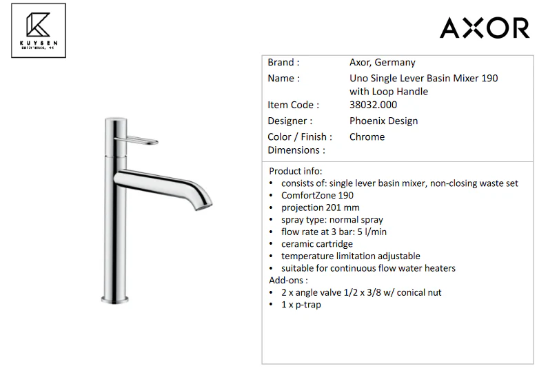 Axor Uno Loop Single Lever Basin Mixer 190, Chrome 38032.000 - Image 2