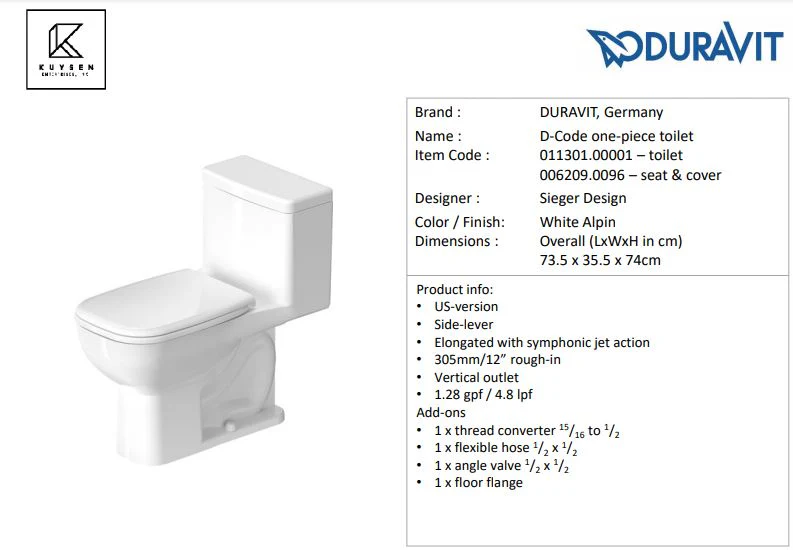Duravit D-Code 1PC Elongated U.S. Type Toilet 011301.0001 - Image 2