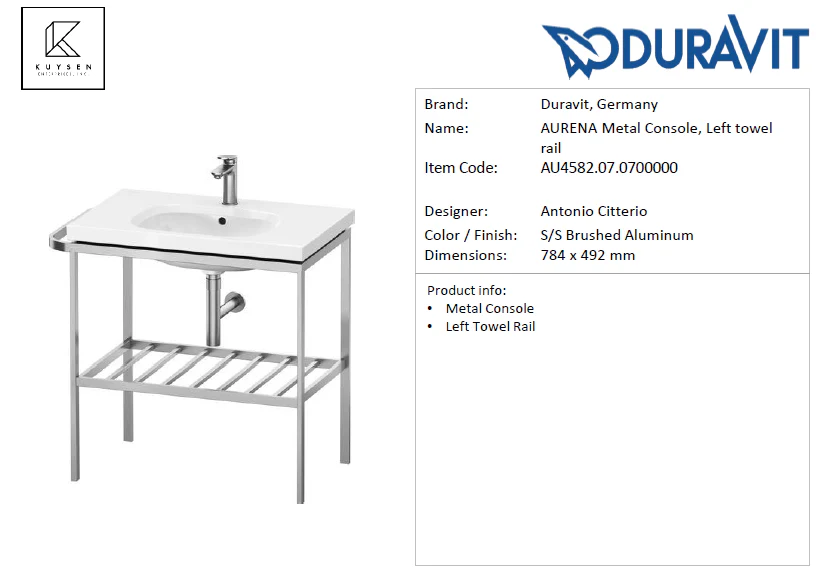 Duravit AURENA Metal Console, Left towel rail AU4582.07.0700000 + 238780.AA00 - Image 2