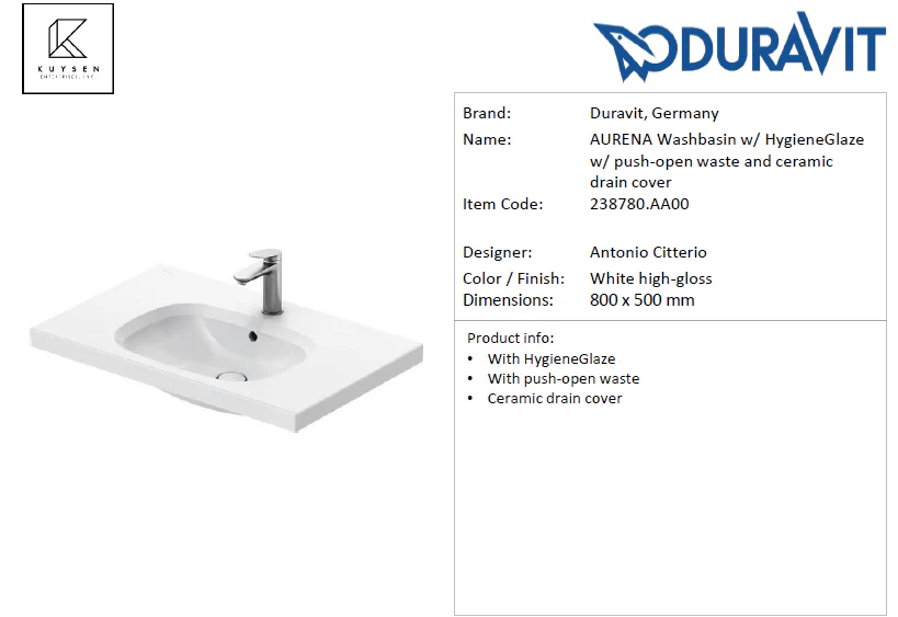 Duravit AURENA Washbasin White high-gloss 238780.AA00 - Image 2