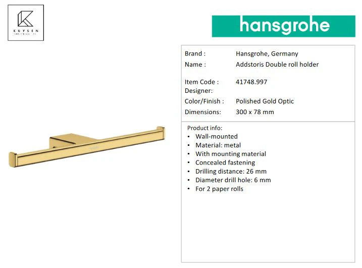 Hansgrohe AddStoris Double roll holder, Polished Gold Optic 41748.997 - Image 2