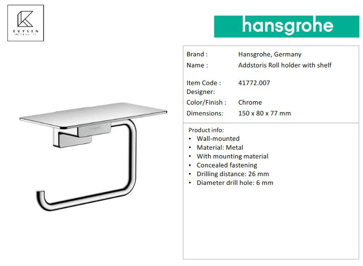 Hansgrohe AddStoris Roll holder with shelf, Chrome 41772.007 - Image 2