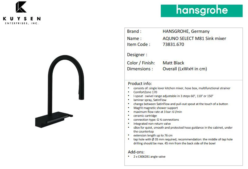 Hansgrohe Aquno Select M81 Sink mixer Matt Black 73831.670 - Image 3