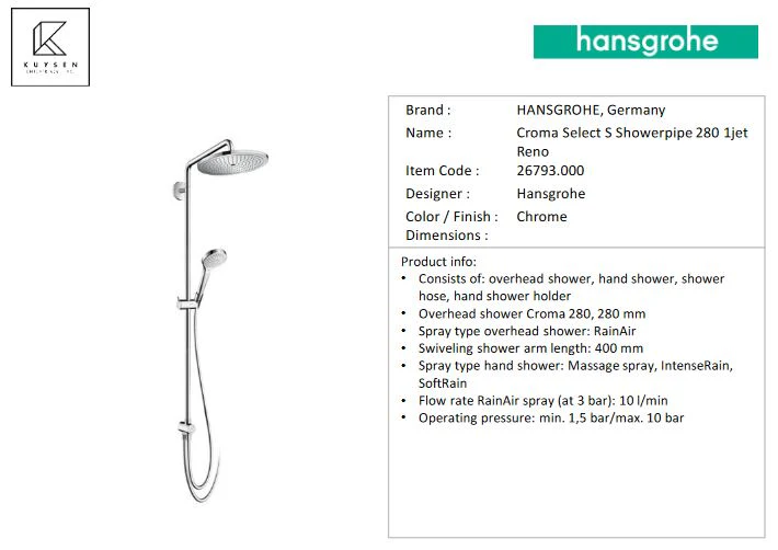 Hansgrohe Croma Select S280 1jet Reno connect type shower pipe 26793.000 - Image 3