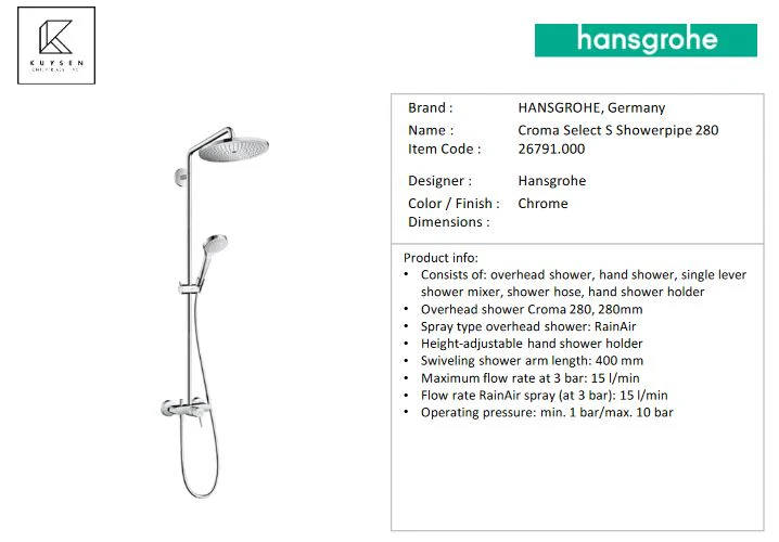 Hansgrohe Croma Select S280 1jet with single lever mixer shower pipe 26791.000 - Image 2