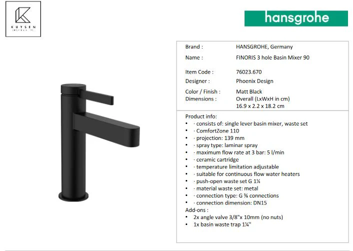 Hansgrohe Finoris Basin mixer 110 with push open waste set 76023.670 - Image 2