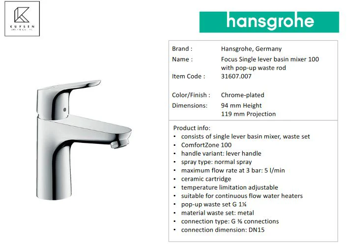 Hansgrohe Focus basin mixer 100mm with pop up 1/2 31607.007 - Image 2