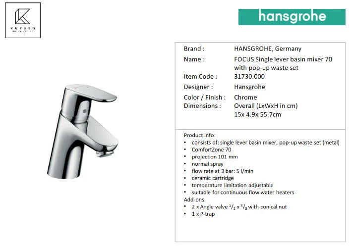 Hansgrohe Focus Basin mixer 70 with pull rod waste set 31730.000 - Image 2