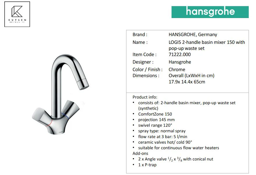 Hansgrohe Logis 2-handle basin mixer 150 with pop-up waste set 71222.000 - Image 3