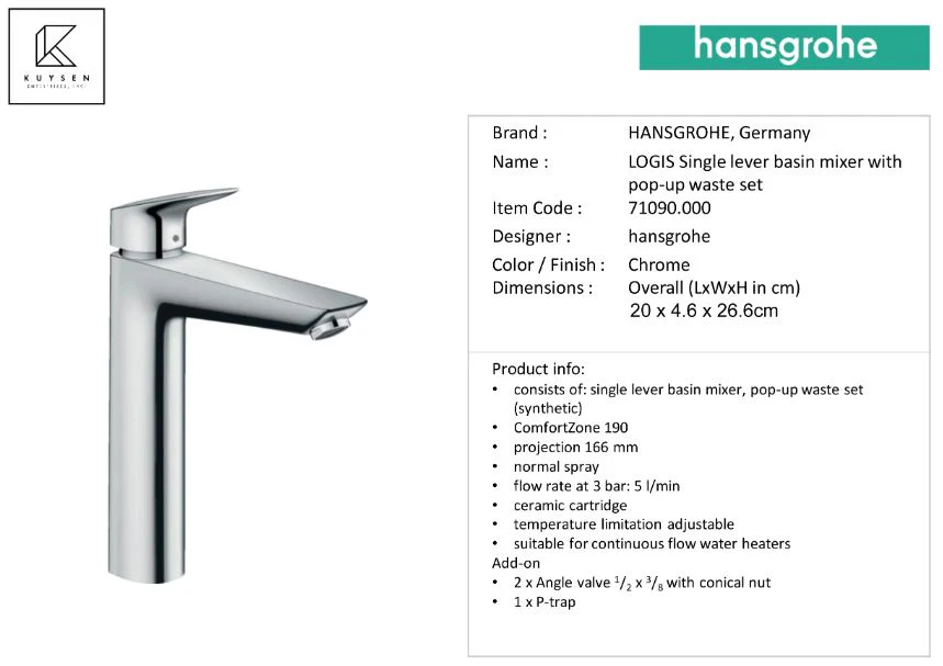 Hansgrohe Logis Basin mixer 190 with pull rod waste set 71090.000 - Image 3