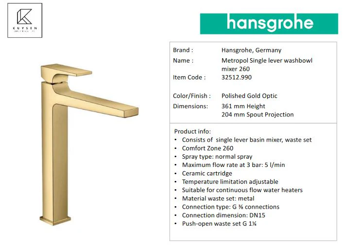 Hansgrohe Metropol washbowl mixer 260 with push-open waste set 32512.990 - Image 2