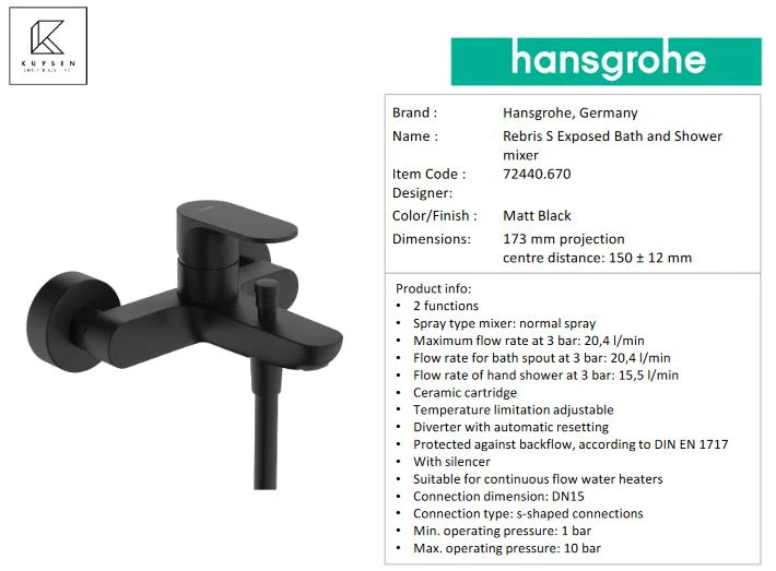 Hansgrohe Rebris S wall mounted bath mixer 72440.670 - Image 3