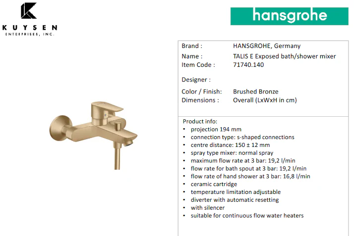 Hansgrohe Talis E exposed bath/shower mixer BBR 71740.140 - Image 3