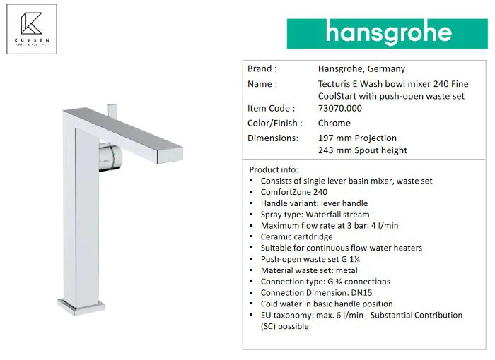 Hansgrohe Tecturis E basin mixer 240 coolstart 73070.000 - Image 3