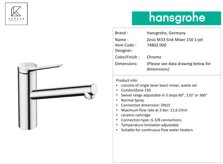 Hansgrohe Zesis M33 sink mixer 150 1jet Chrome 74802.000 - Image 3