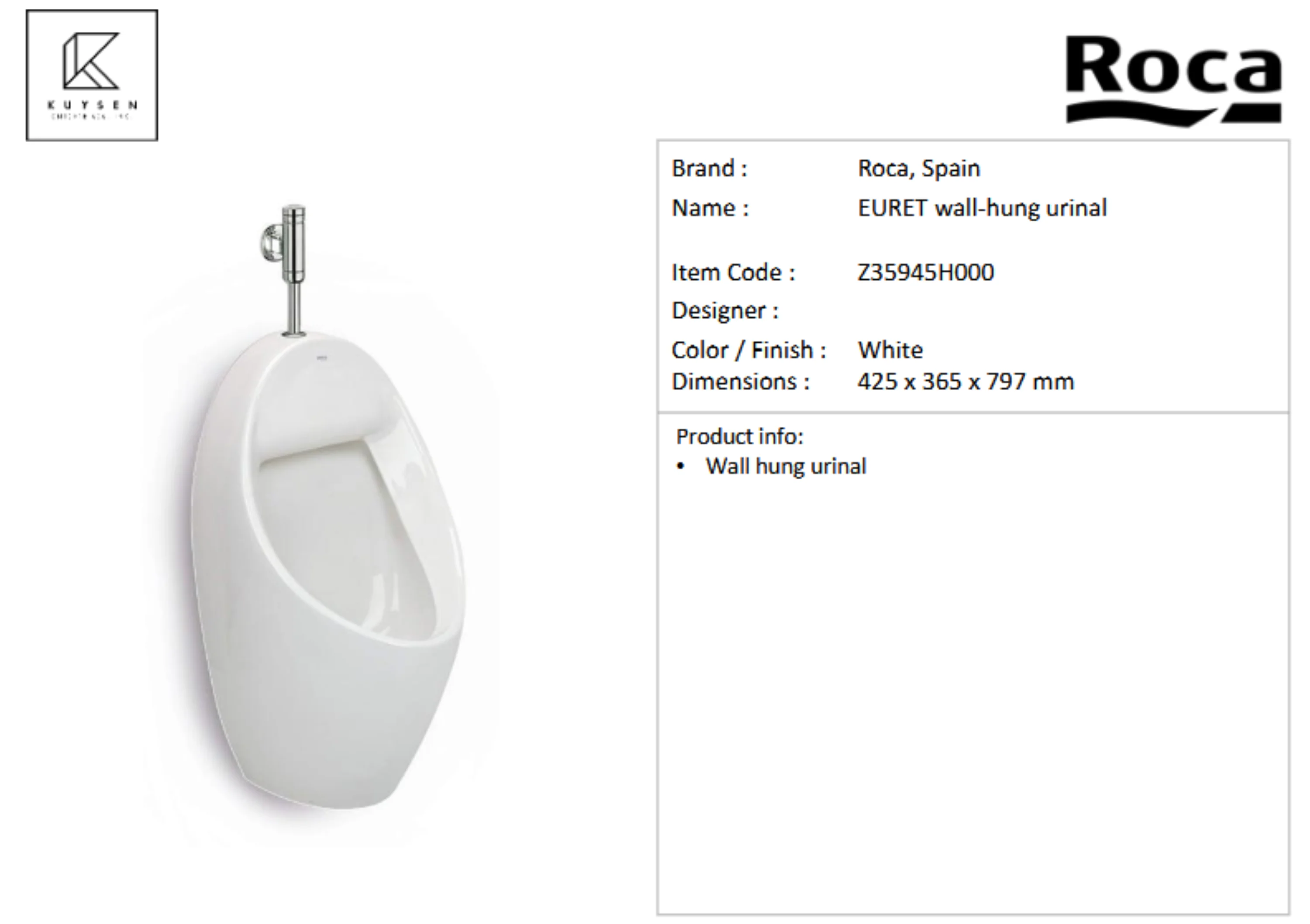 Roca EURET wall-hung urinal Z35945H000 - Image 2