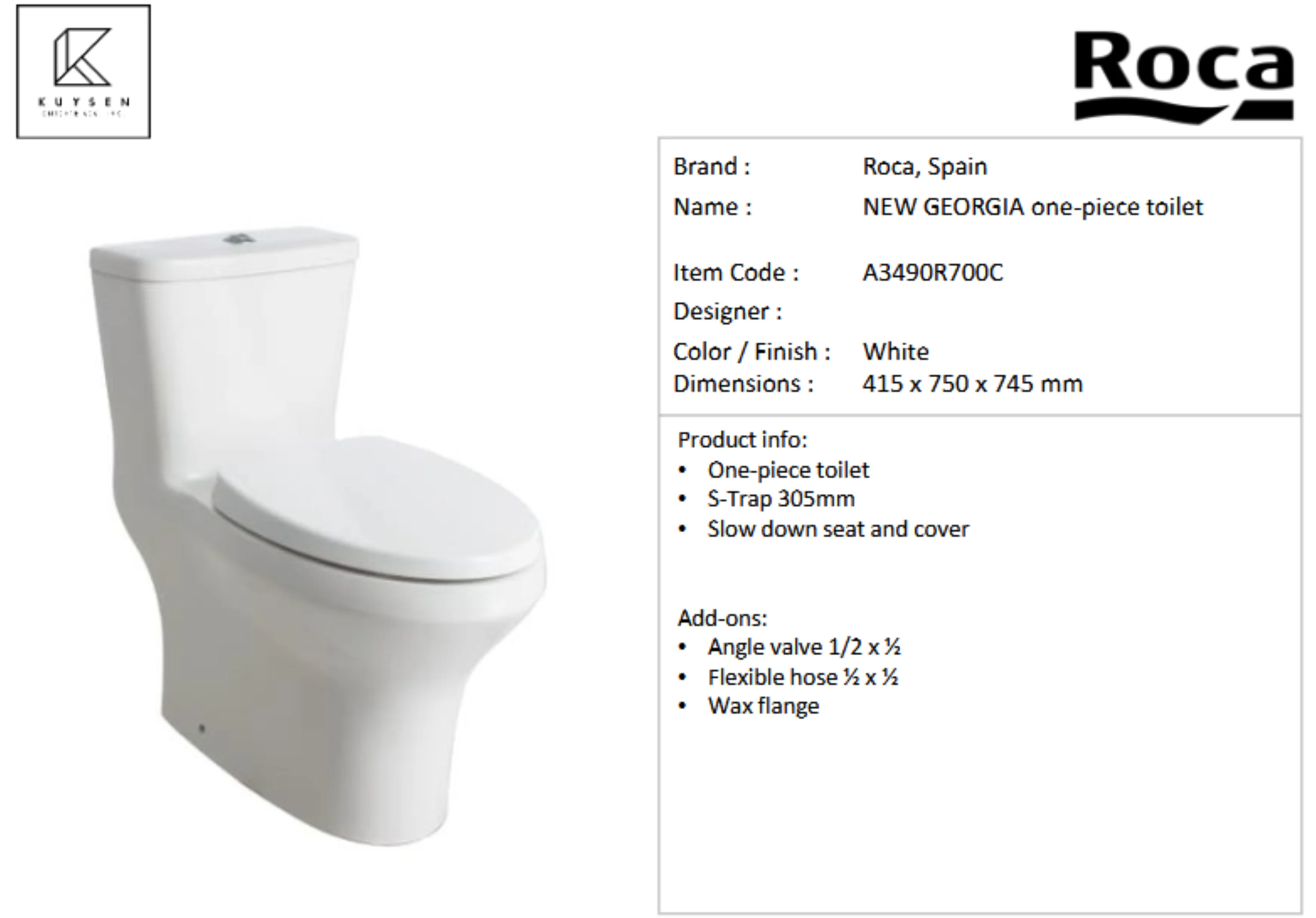 Roca New Georgia 1pc toilet s-trap 305mm A3490R700C - Image 2
