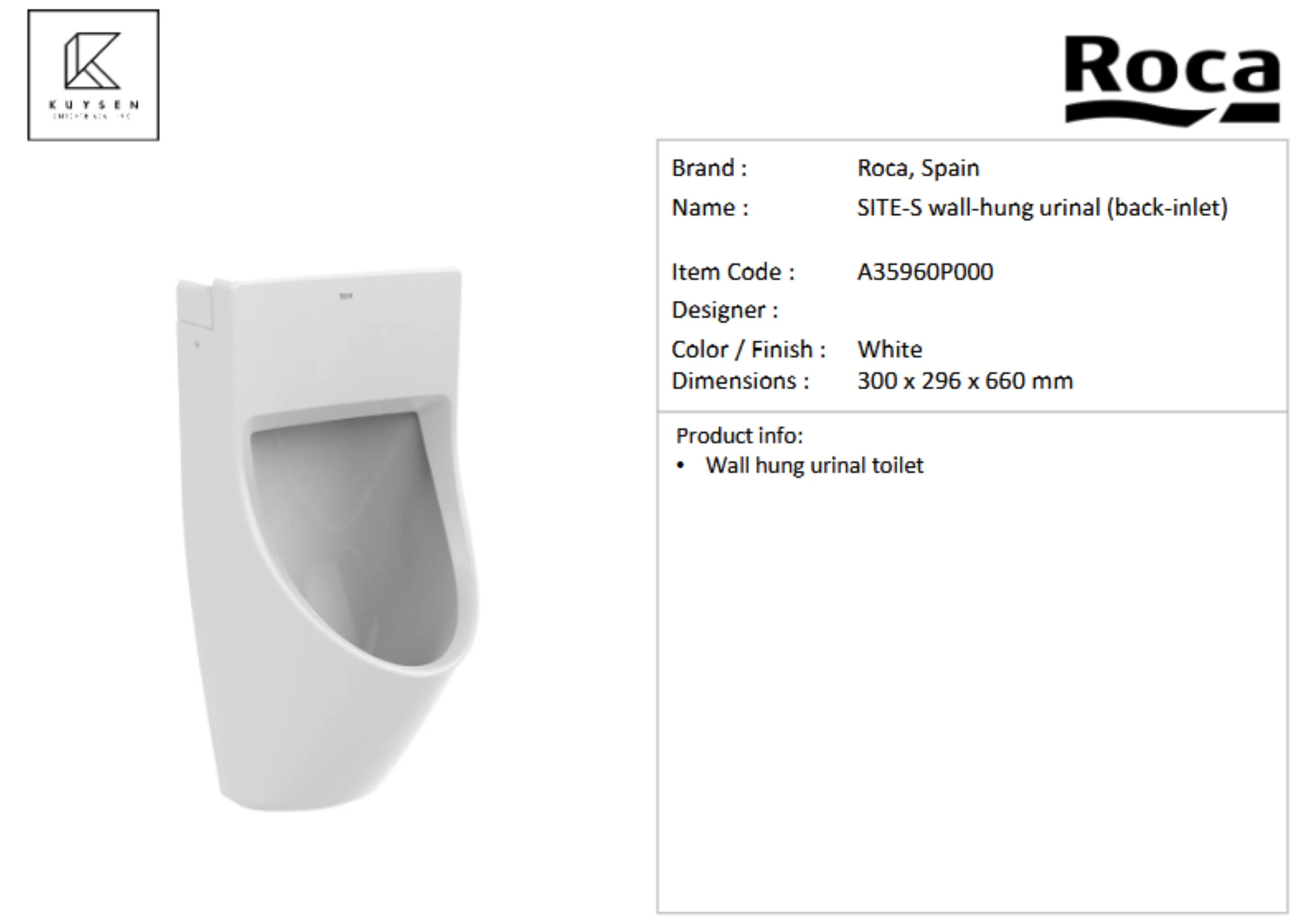 Roca SITE-S wall-hung urinal A35960P000 - Image 2